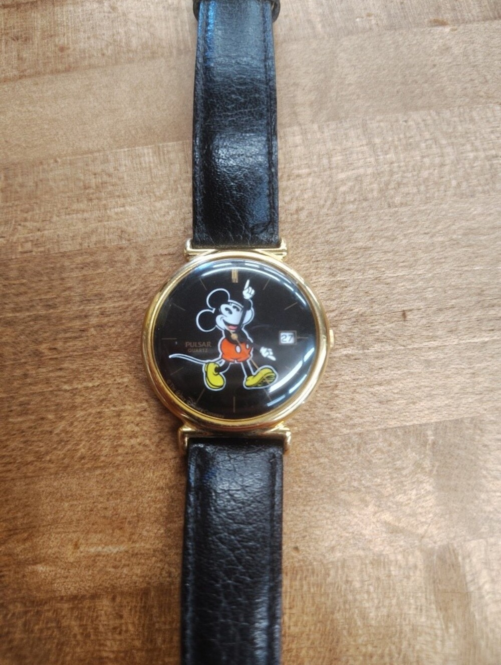 Pulsar Disney Mickey Mouse Wristwatch Black Dial/Band Gold Tone Case No Battery